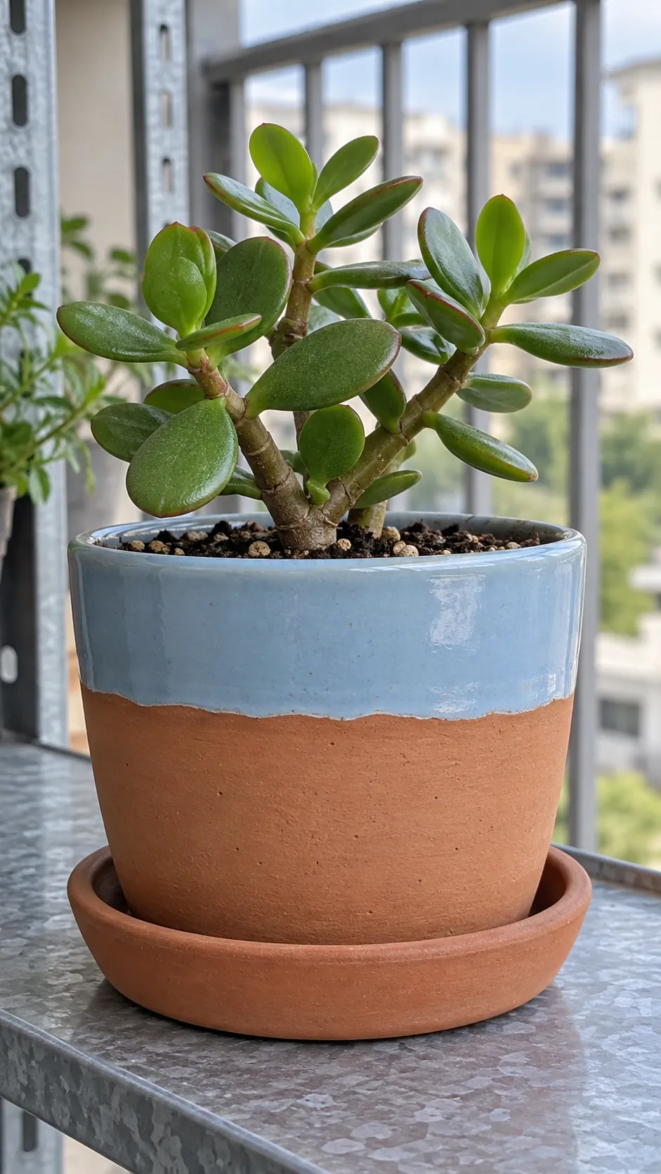 an earthy terracotta pot with a pale blue dipped glaze band and a jade plant in a covered balcony shelf made of galvanized metal
