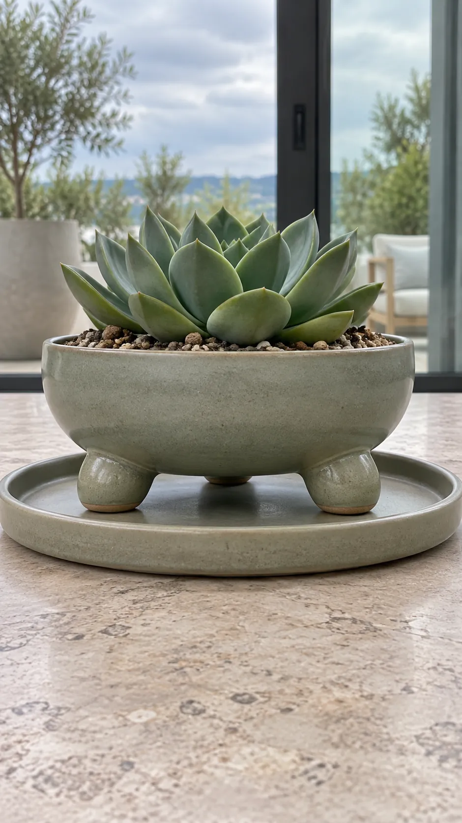 a low sage ceramic bowl on three broad feet containing a compact succulent in a wide limestone topped plant table