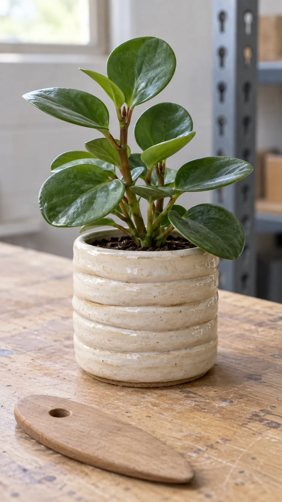 a small coil built clay planter with visible joined rings and an upright peperomia in a community studio wooden finishing bench