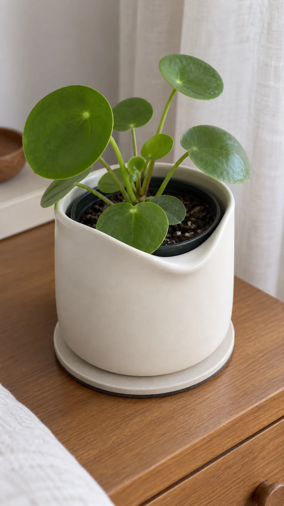 an off white ceramic vessel with a gently folded open rim and a small pilea in a narrow but sturdy bedroom chest top