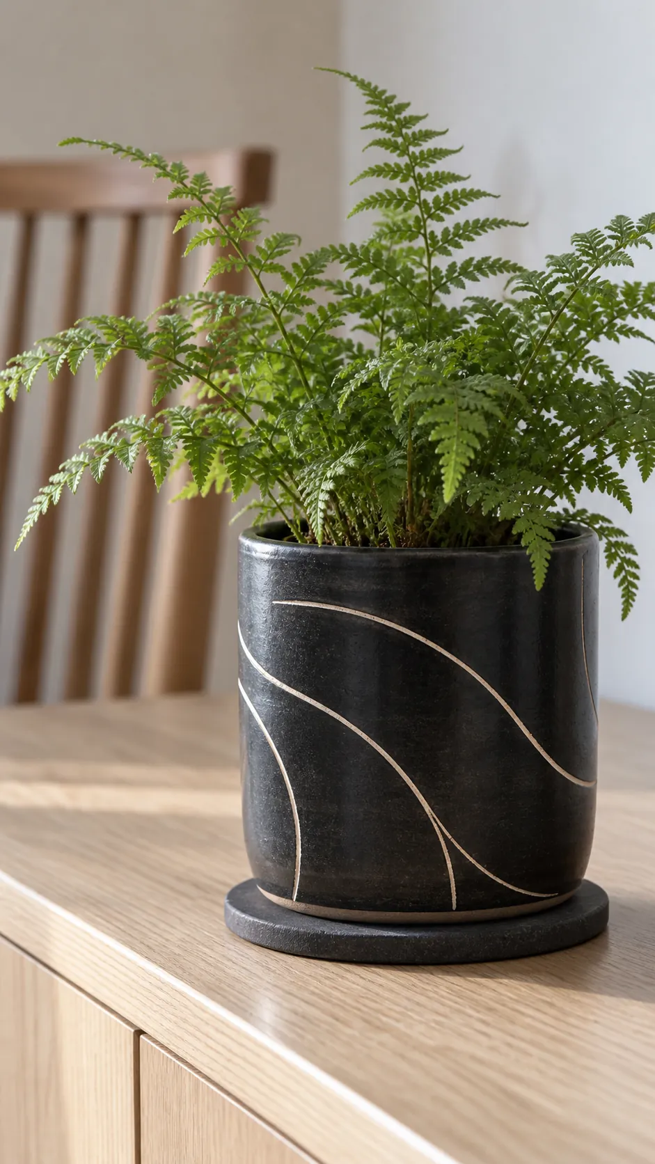a black slip ceramic pot with sparse white sgraffito curves and a compact fern in a small dining room sideboard with a pale ash top