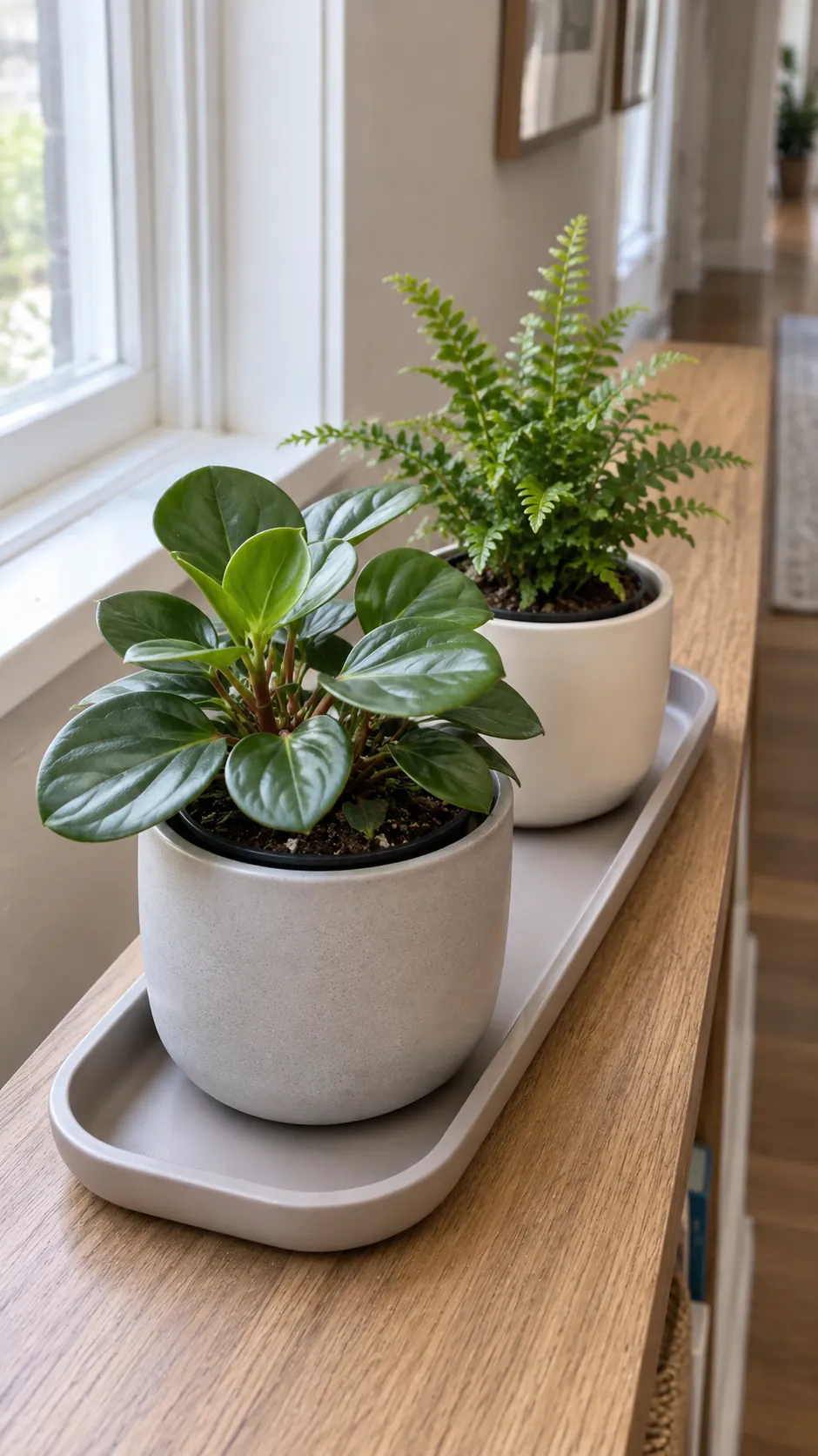 two small neutral ceramic planters with different compact houseplants on one long tray in a wide hallway shelf near a bright side window