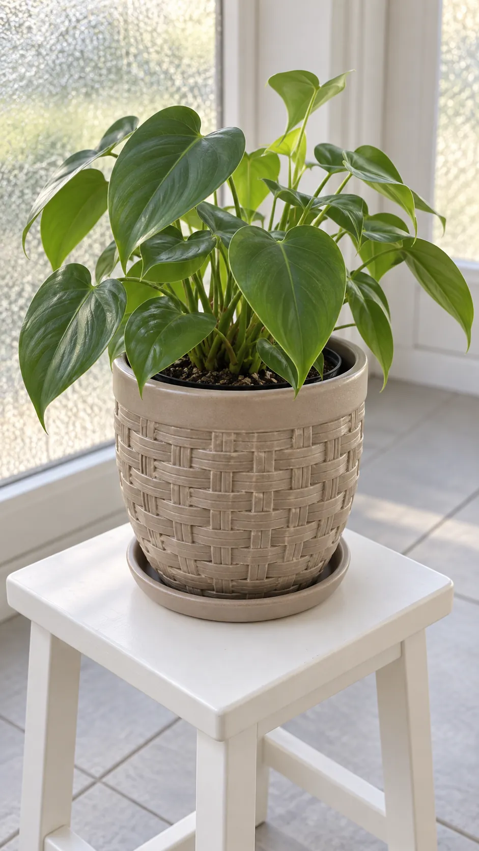 a warm taupe ceramic pot with shallow basket weave relief and a small philodendron in a tiled sunroom corner on a plain white plant stool