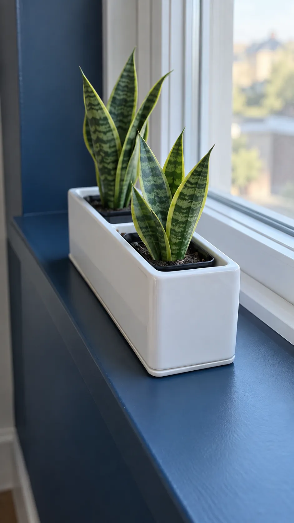 a slim white rectangular planter with two small upright foliage plants in a narrow deep blue painted interior ledge beside a window