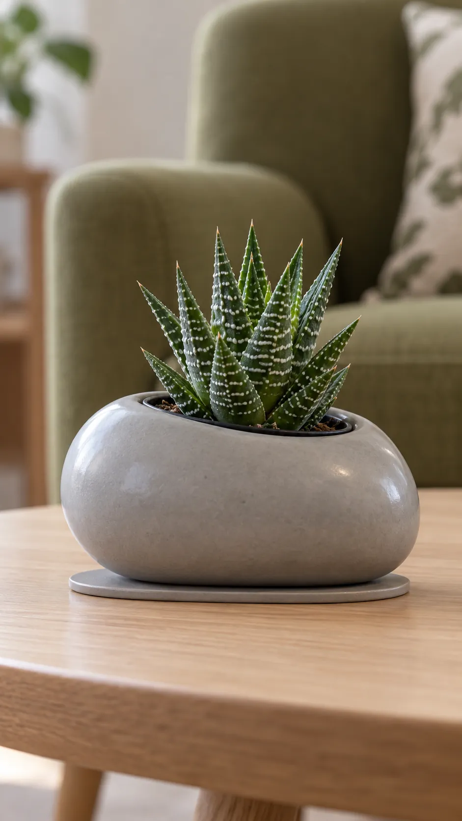 a smooth grey pebble shaped cachepot with one upright haworthia in a pale timber coffee table in a compact lounge
