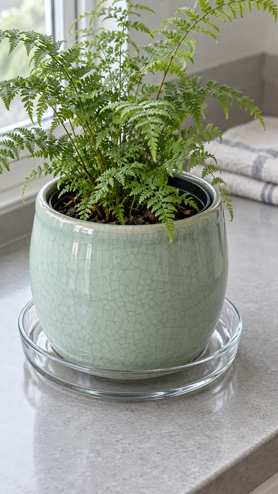 a pale celadon ceramic cachepot with fine crackle glaze and a small fern in a light grey utility counter near a window