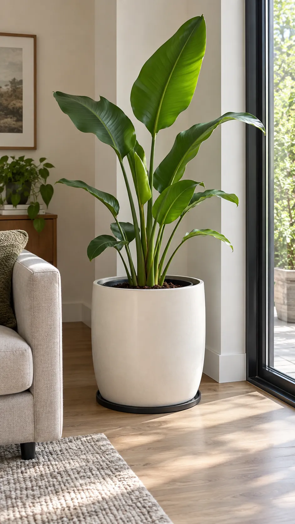 a substantial warm white floor planter with an upright indoor plant and visible liner rim in a modest living room corner beside tall glazing