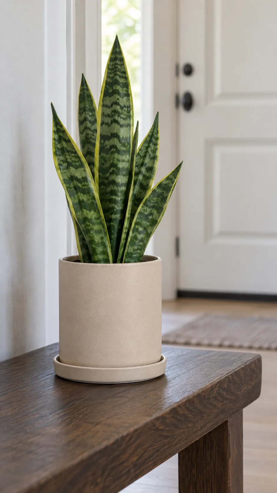 a matte sand colored ceramic cylinder with a compact snake plant in a low dark oak bench in a bright entrance room