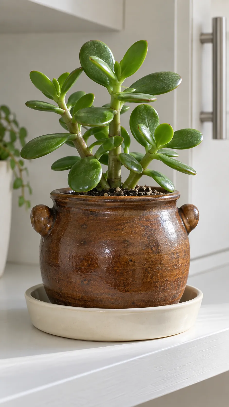 a small brown ceramic pot with two compact side lugs and a young jade in a sturdy kitchen plant shelf made of white painted wood