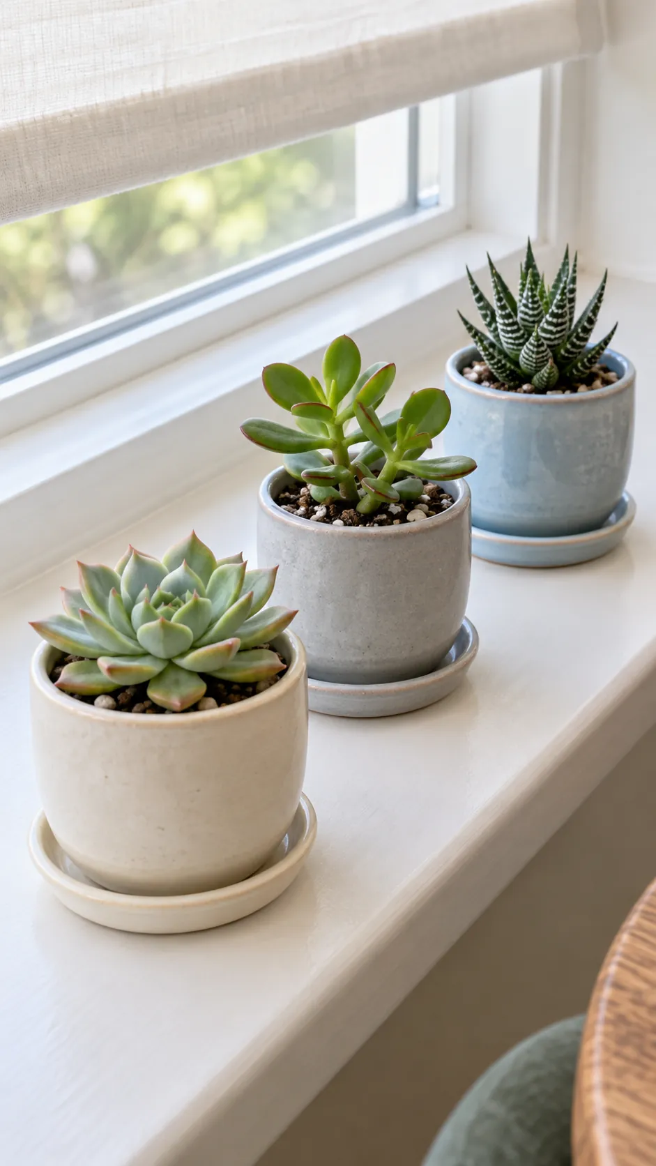 three miniature ceramic pots of similar height holding small individual succulents in a broad bright dining nook sill
