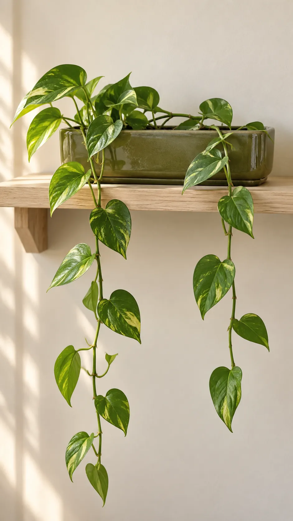 a low olive ceramic trough with a single trailing pothos spreading over its front in a sturdy pale ash shelf in a bright sitting room