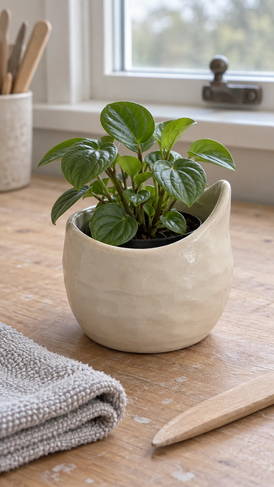 a small cream asymmetric pinch pot with a higher side and compact green plant in a home pottery cleanup table beside a wide window