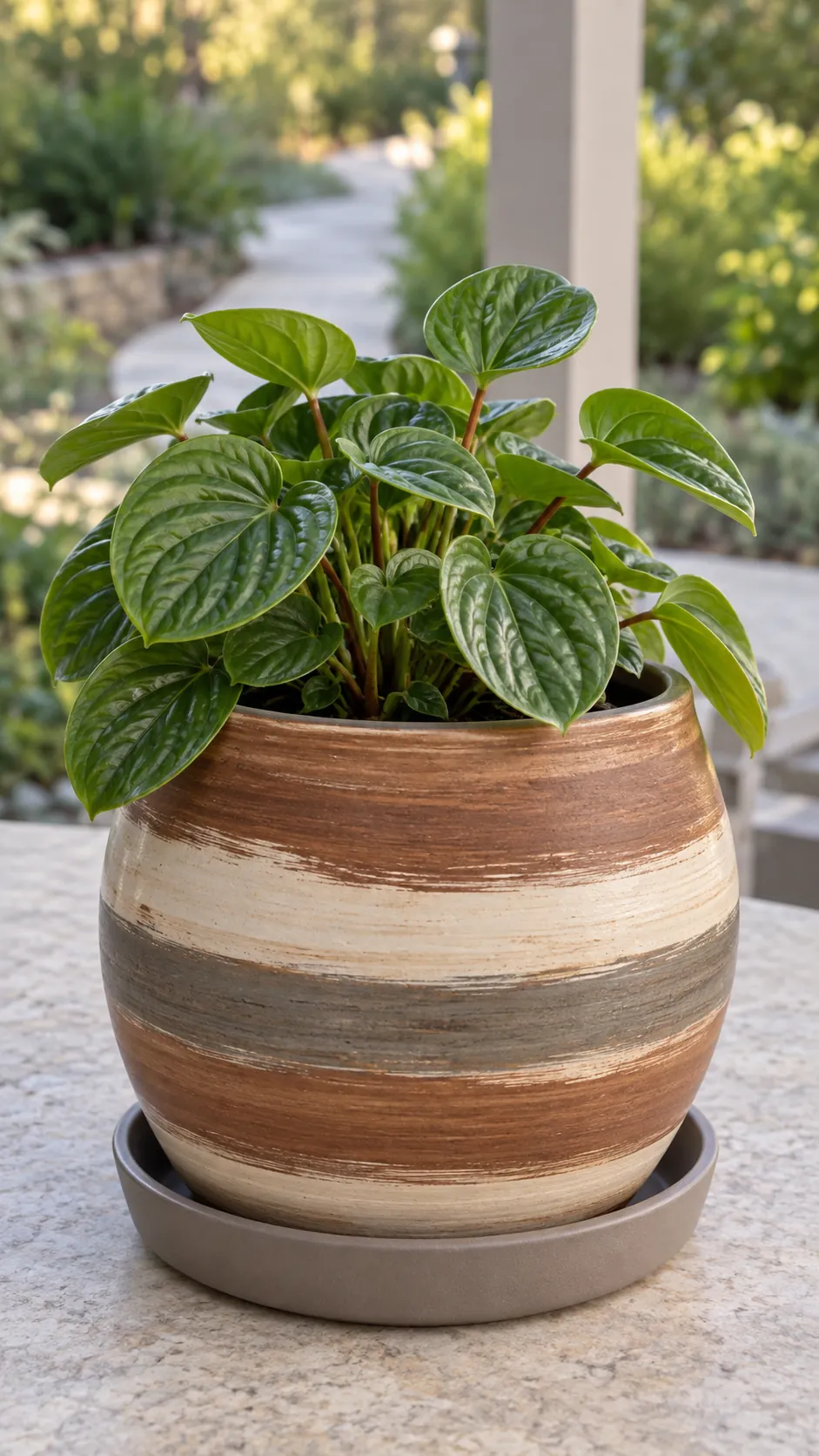 a handmade rounded planter with broad clay brown and cream brushed bands and a small leafy plant in a simple covered patio table with a pale stone top