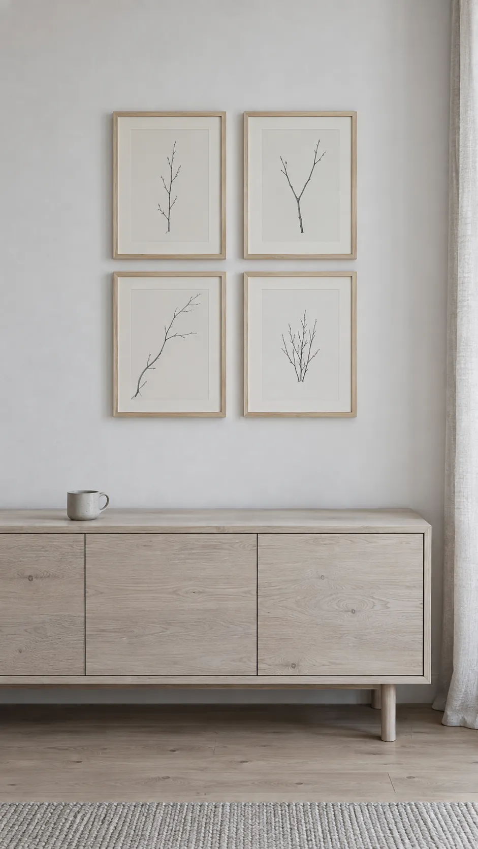 A spare Scandinavian arrangement living room gallery wall
