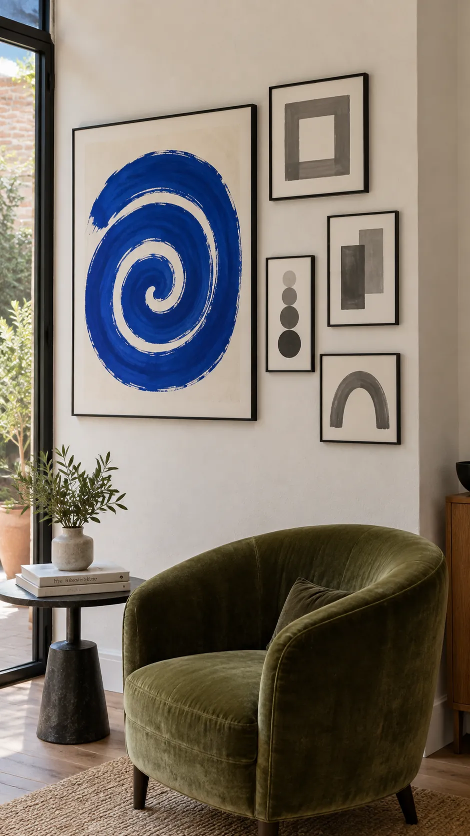 One bold print with a supporting cast living room gallery wall
