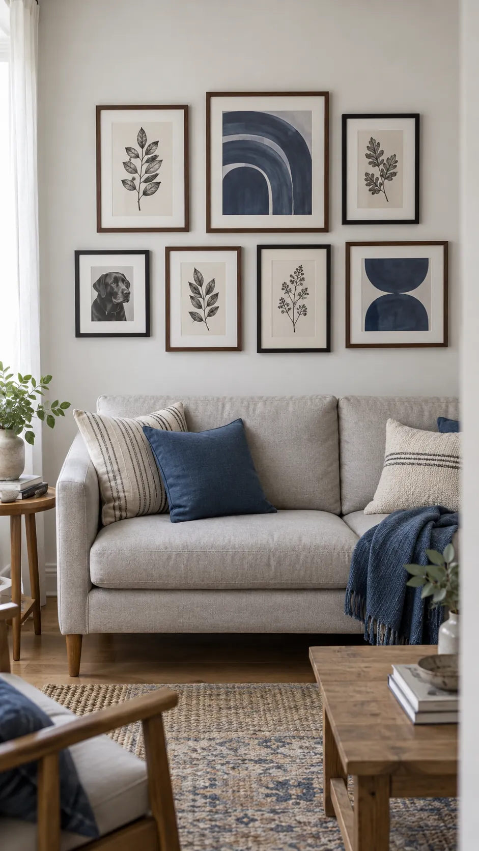 A thoughtfully arranged gallery above a living room sofa