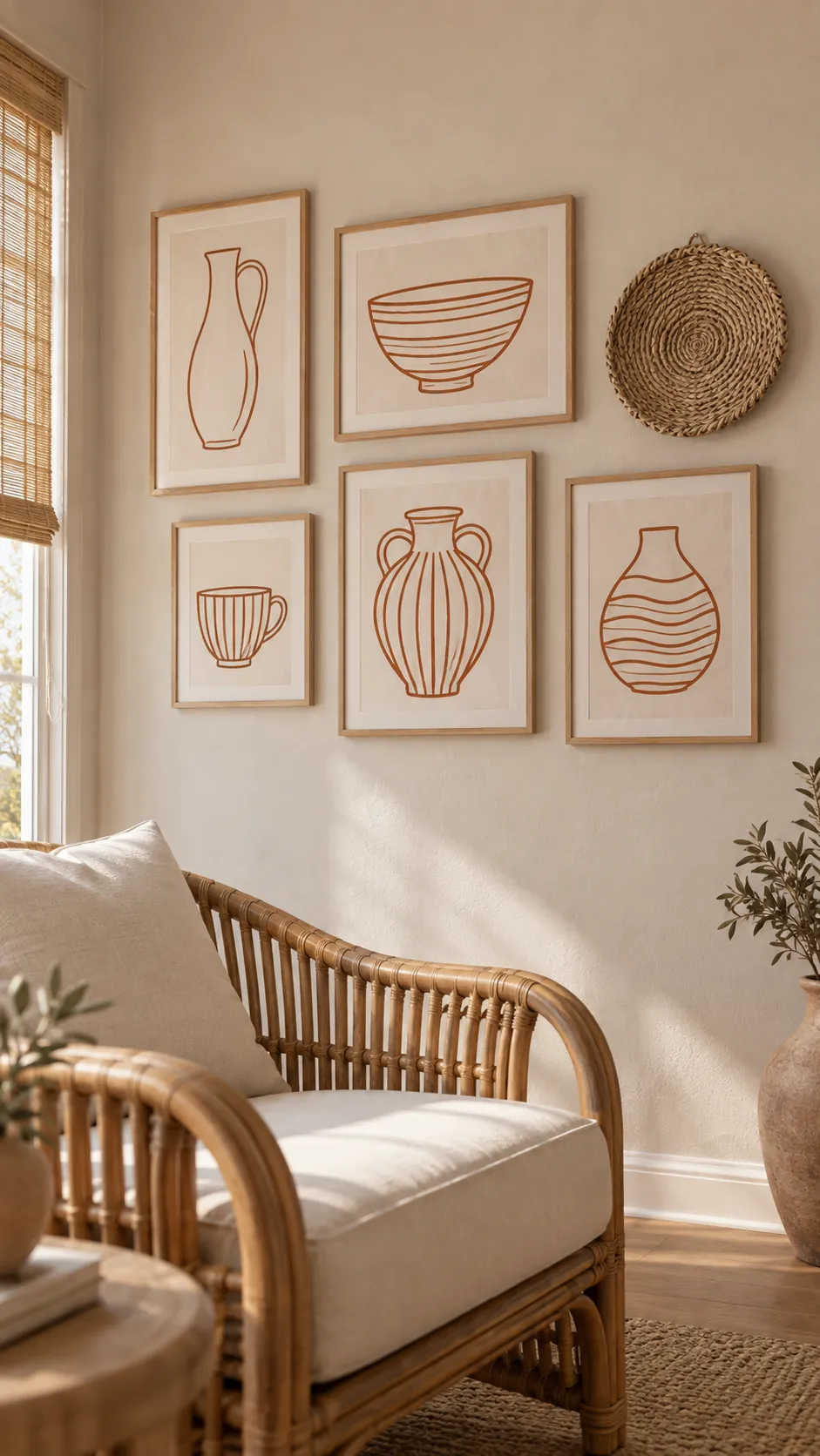 A boho mix with one woven accent living room gallery wall
