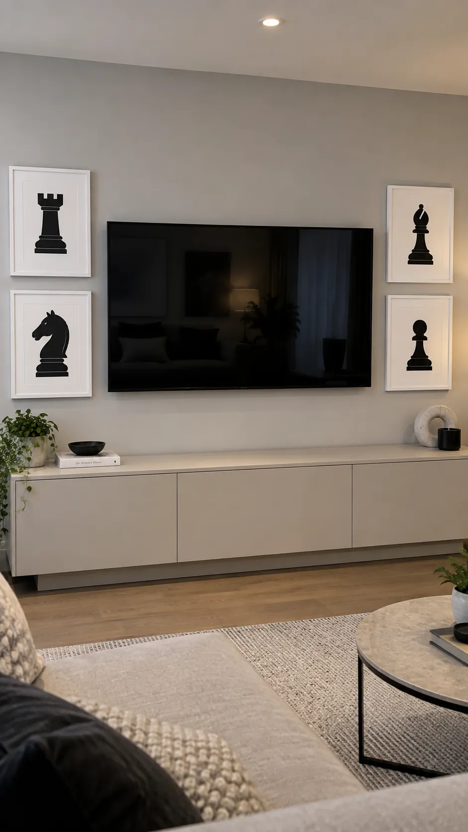 A composed gallery around the television living room gallery wall