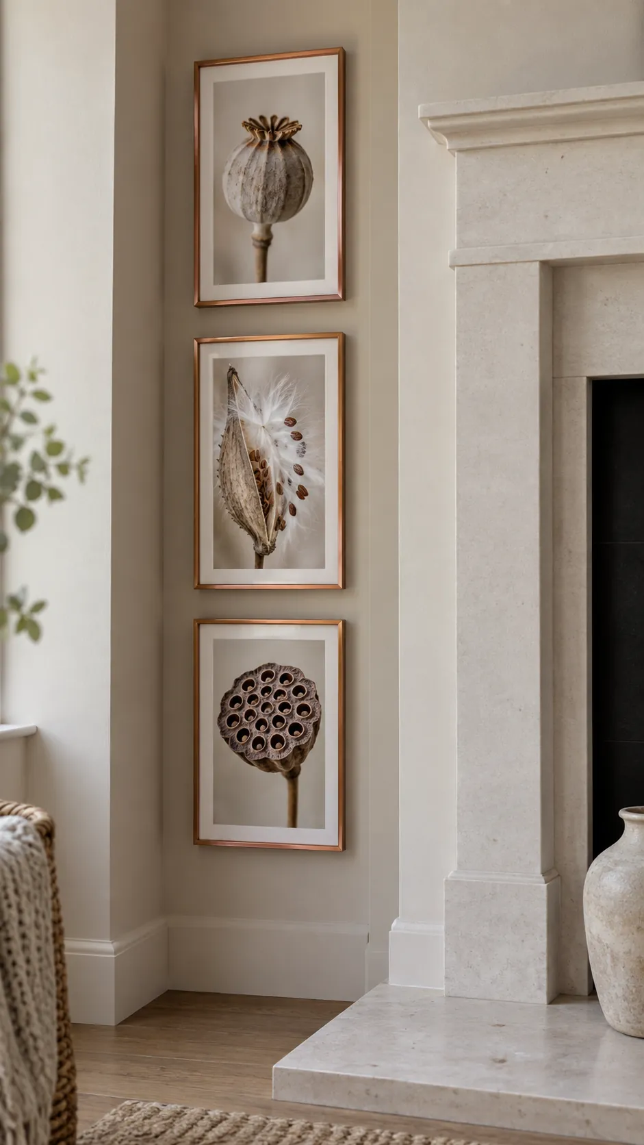 A narrow gallery in a fireplace alcove living room gallery wall