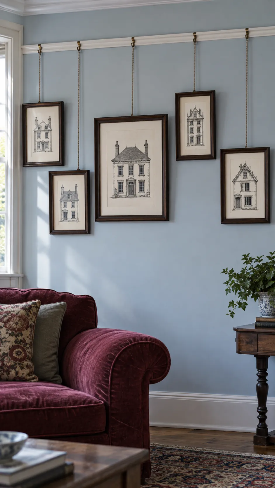 A picture rail with visible hanging cords living room gallery wall