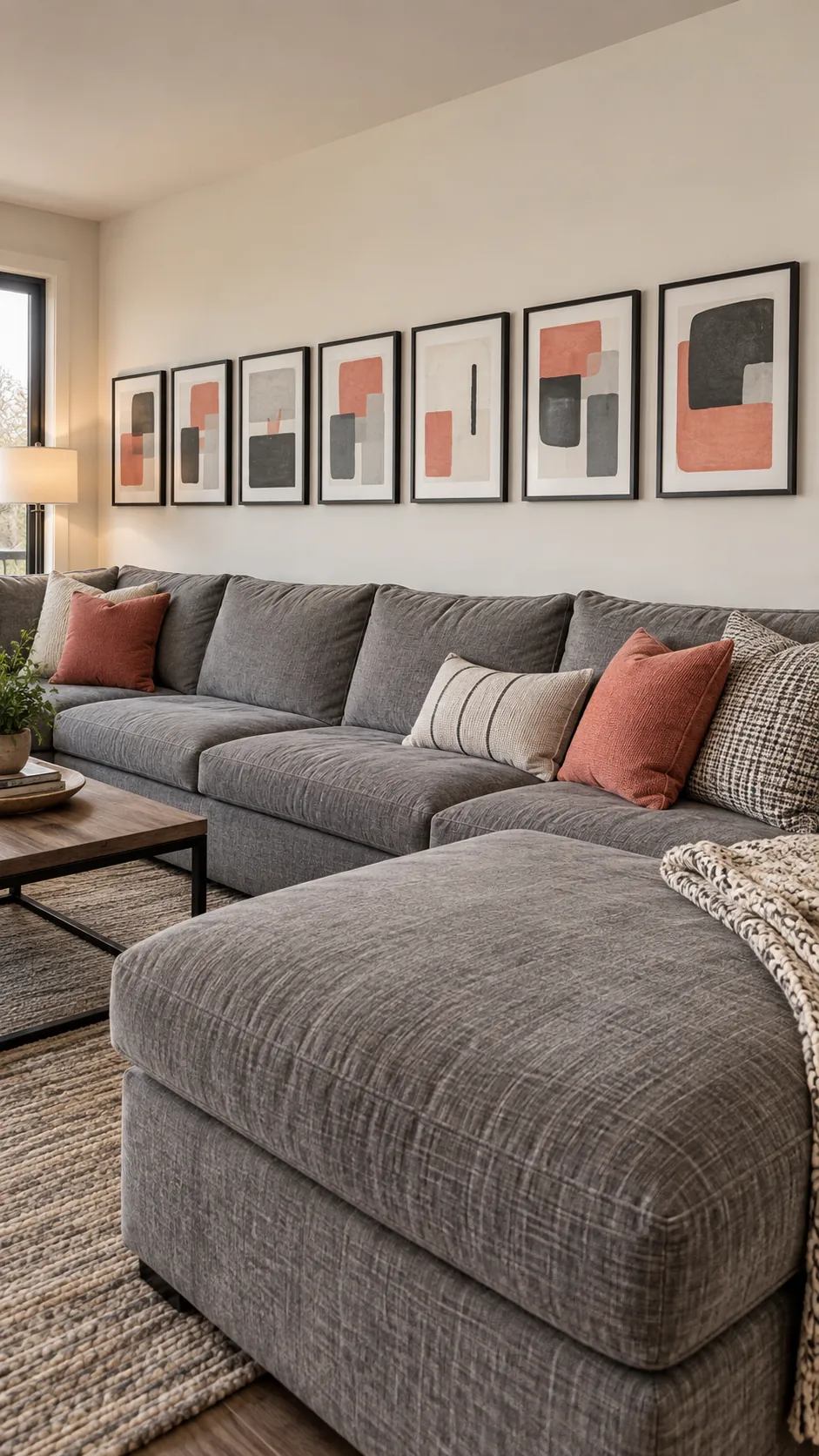 A low band above a long sectional living room gallery wall