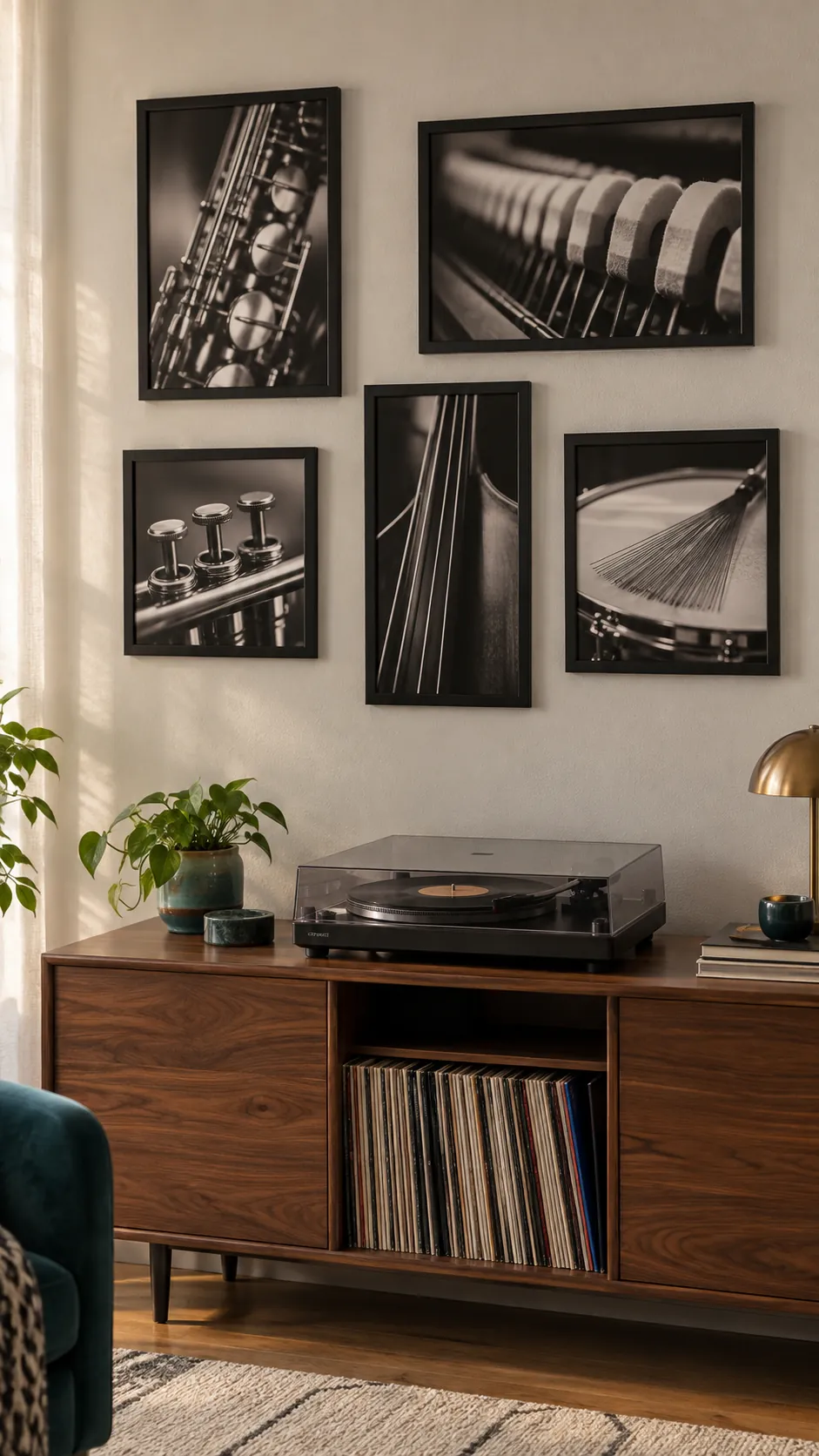 A gallery above the record cabinet living room gallery wall