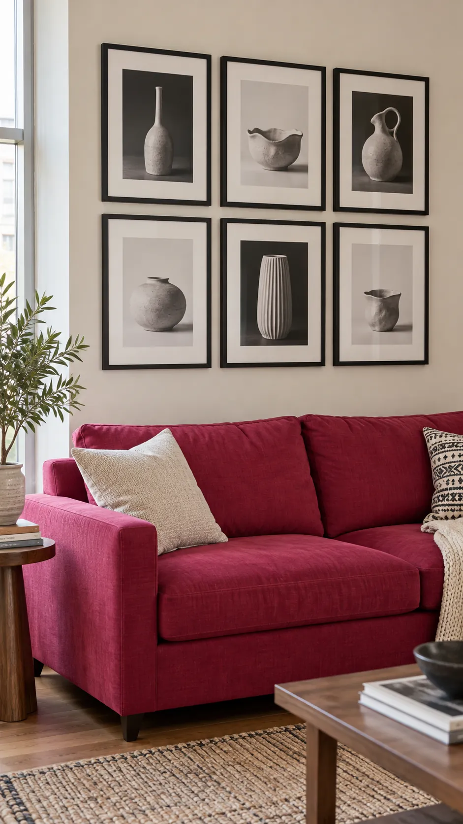 A quiet monochrome wall in a colorful room living room gallery wall