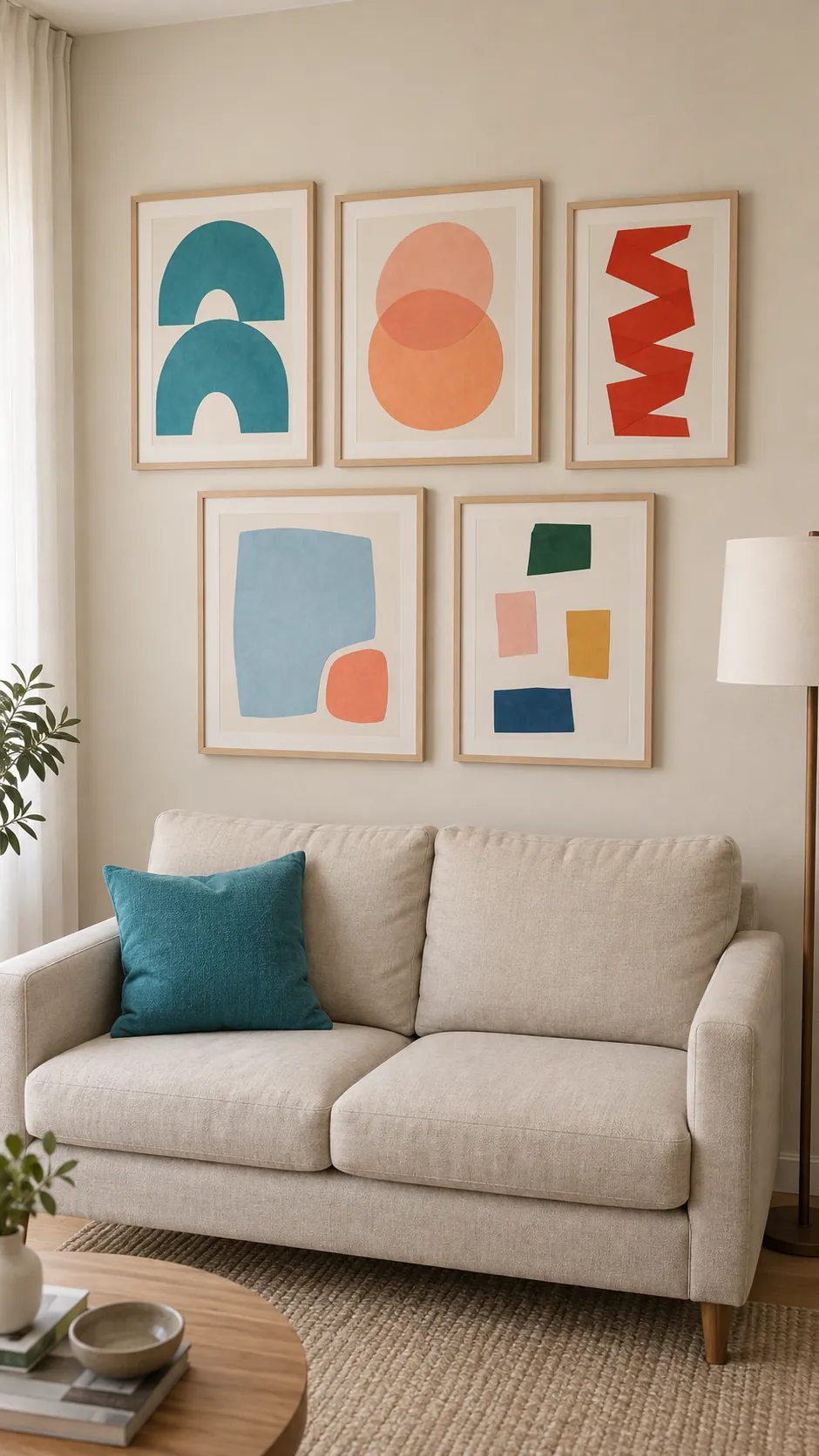 Colorful art in a neutral living room living room gallery wall