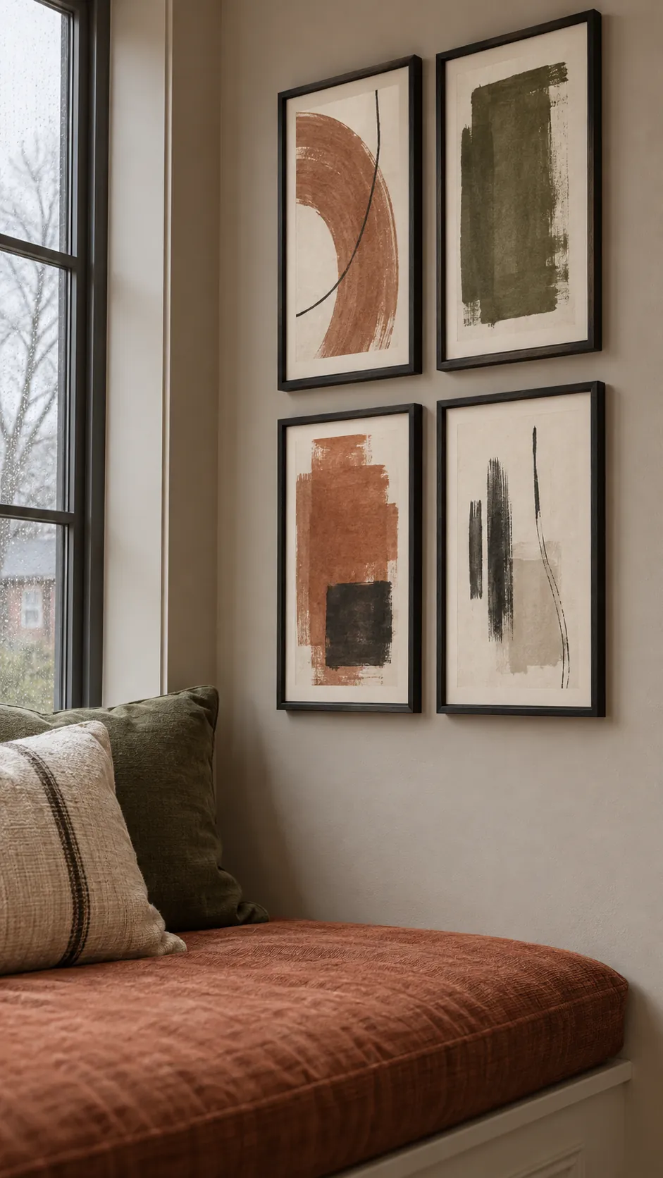 An earthy palette with charcoal outlines living room gallery wall