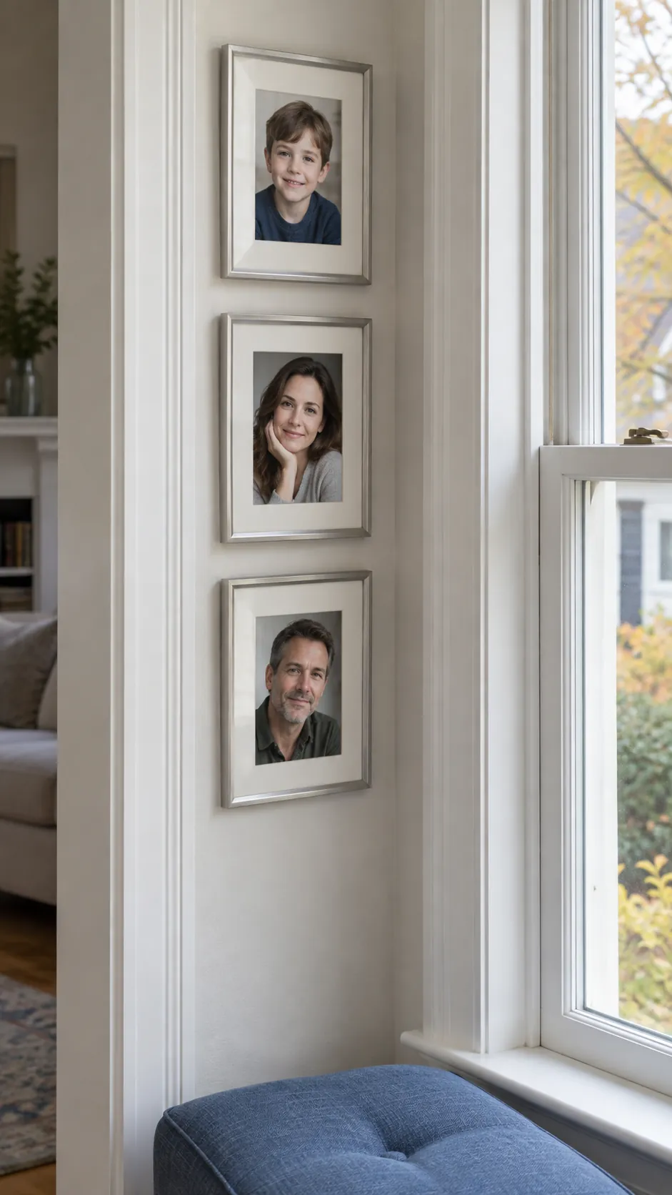 A small portrait collection beside a window living room gallery wall