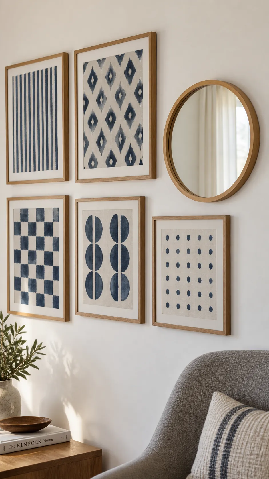 One round mirror at the outside edge living room gallery wall