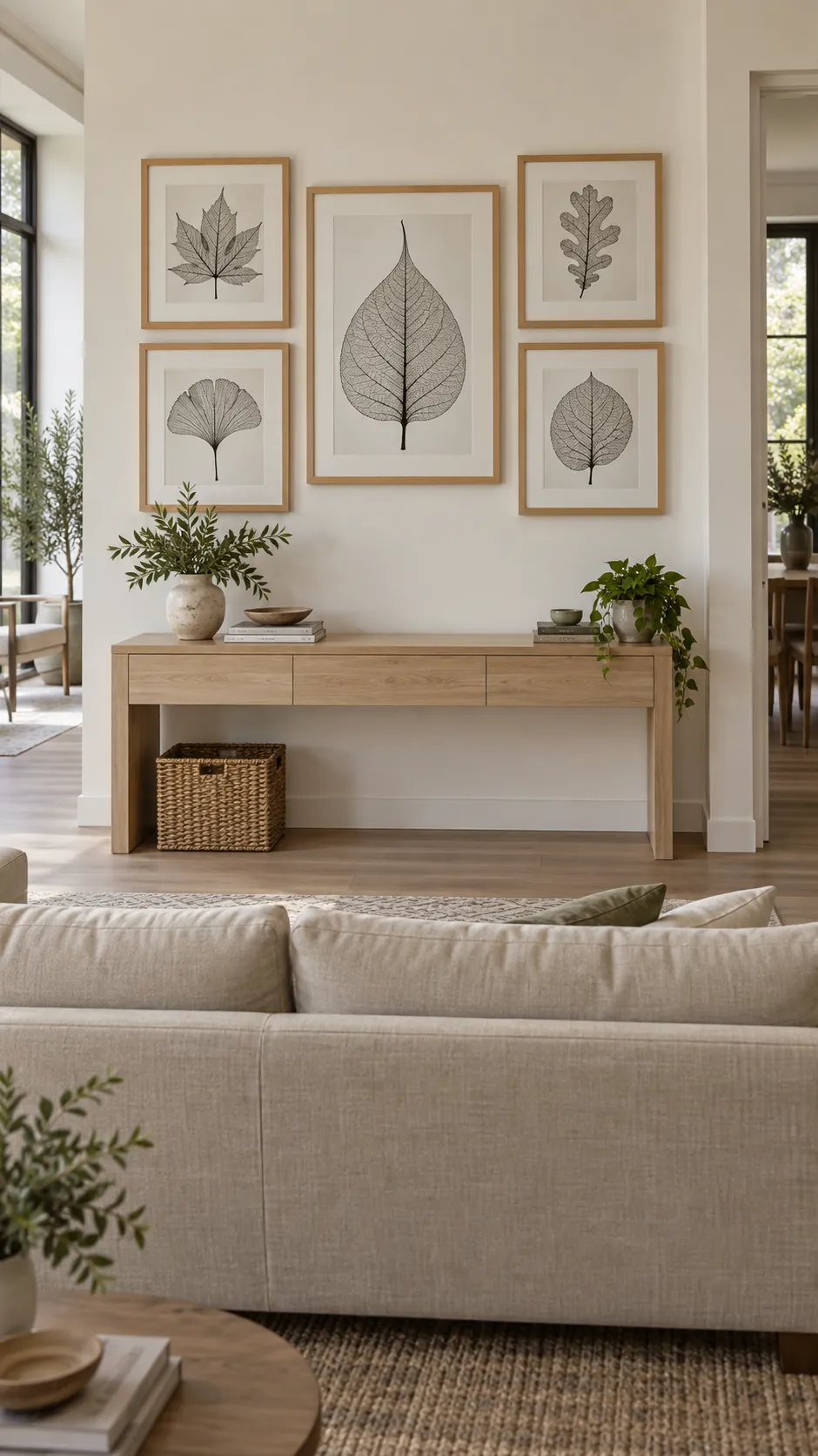 A display that floats above a console living room gallery wall