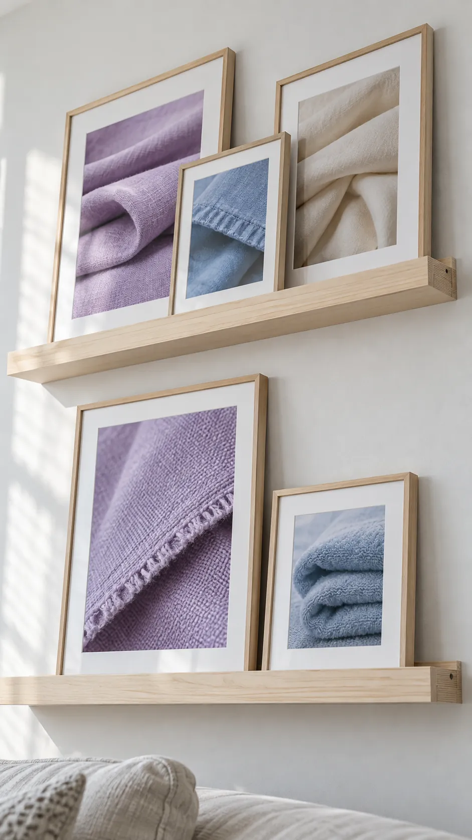 A pair of picture ledges with breathing room living room gallery wall