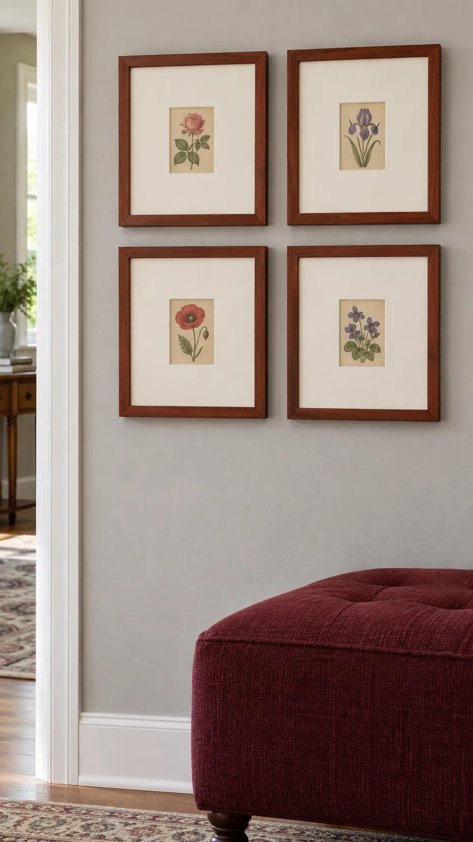 Large mats around small treasured images living room gallery wall