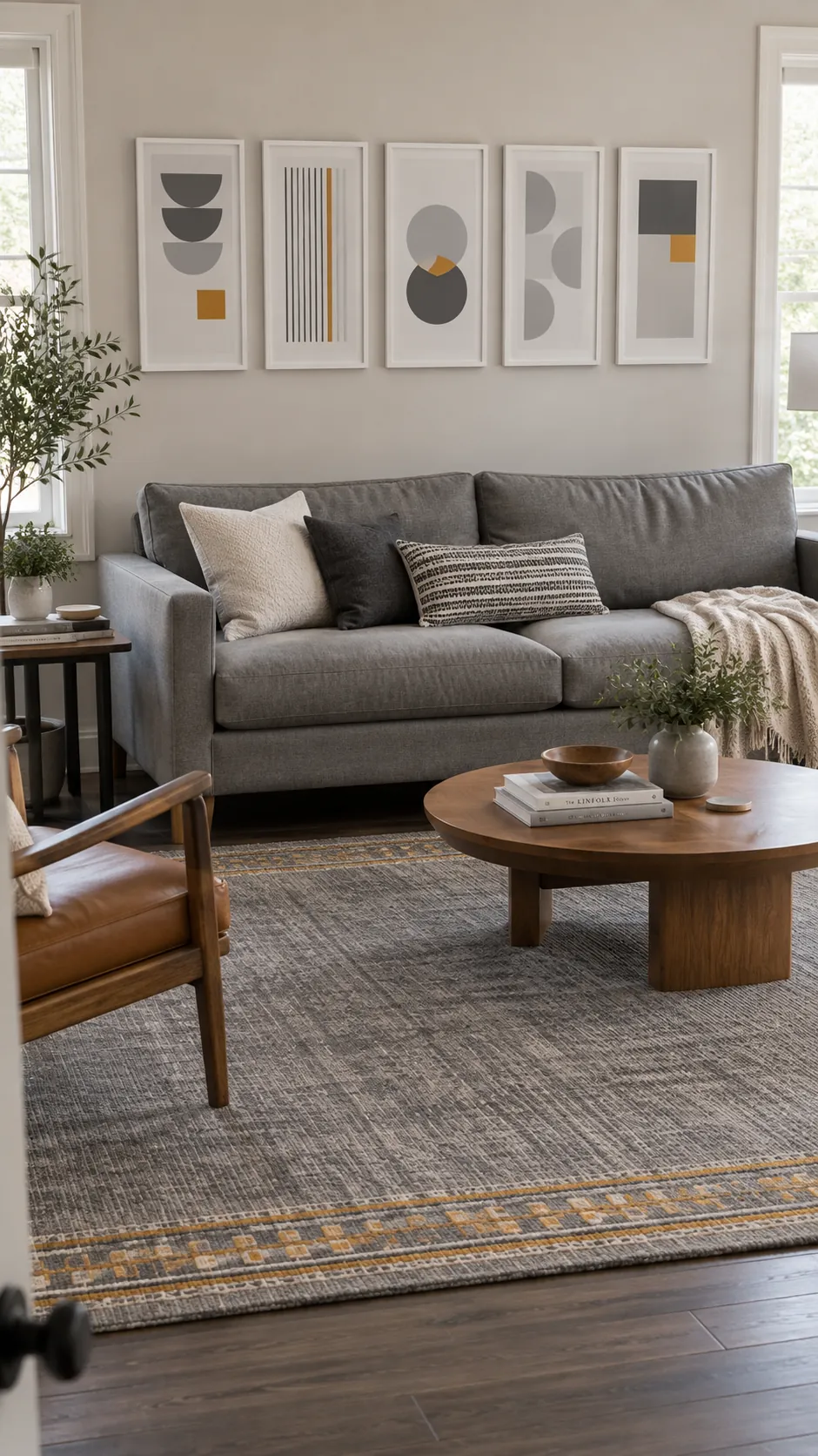A gallery that shares a color with the rug living room gallery wall
