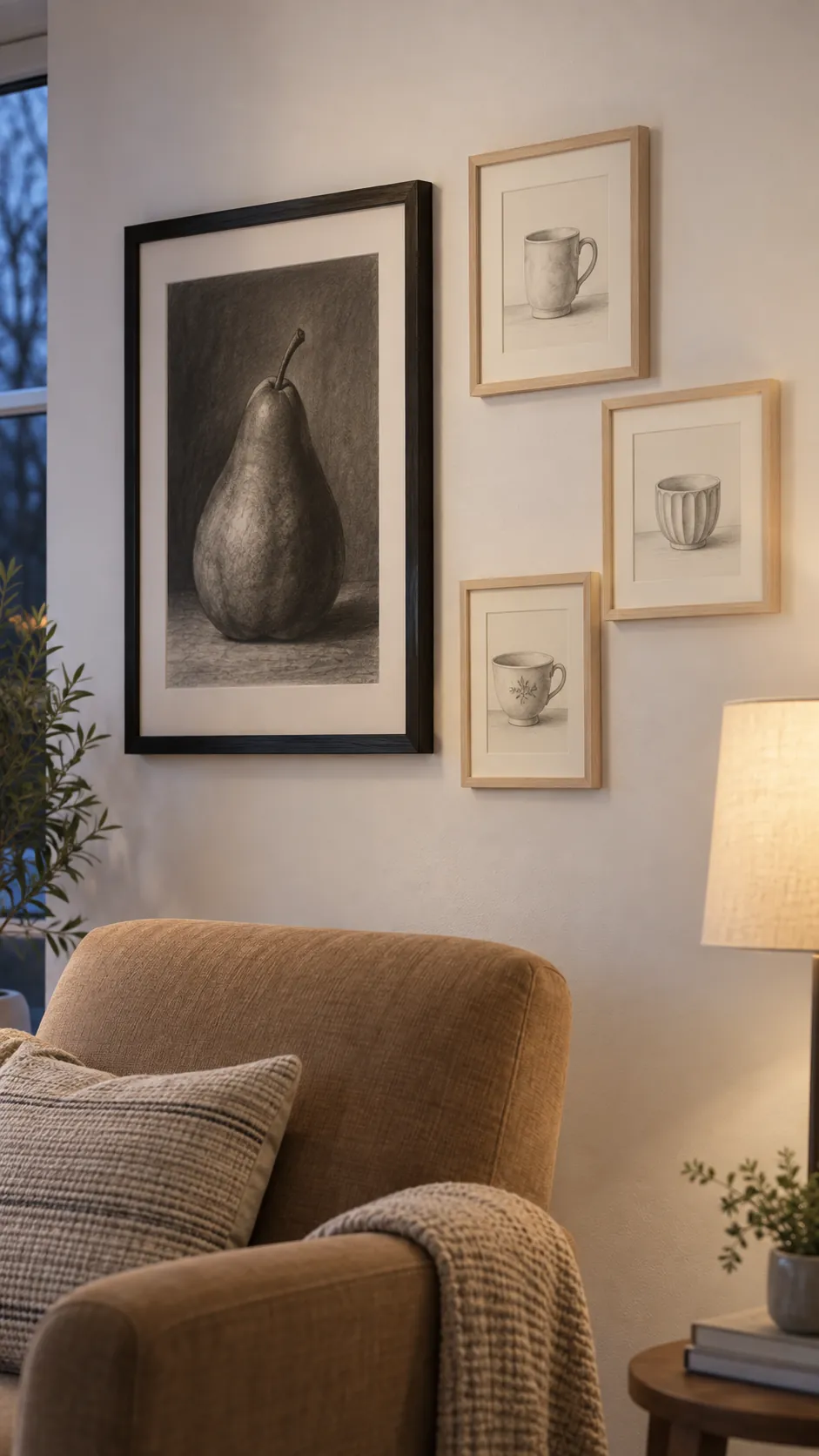 A gentle asymmetrical cluster living room gallery wall