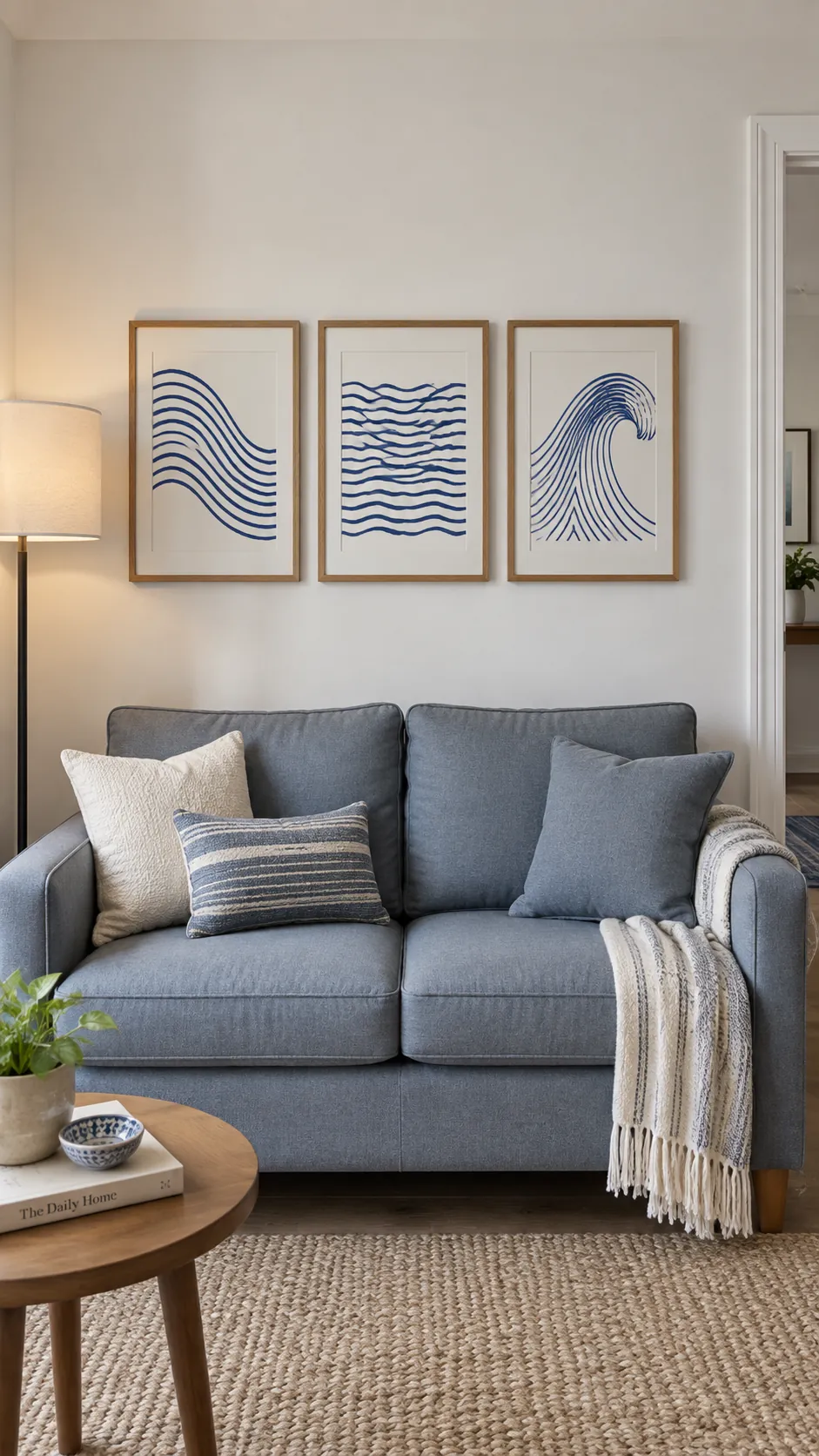 A gallery above a compact loveseat living room gallery wall