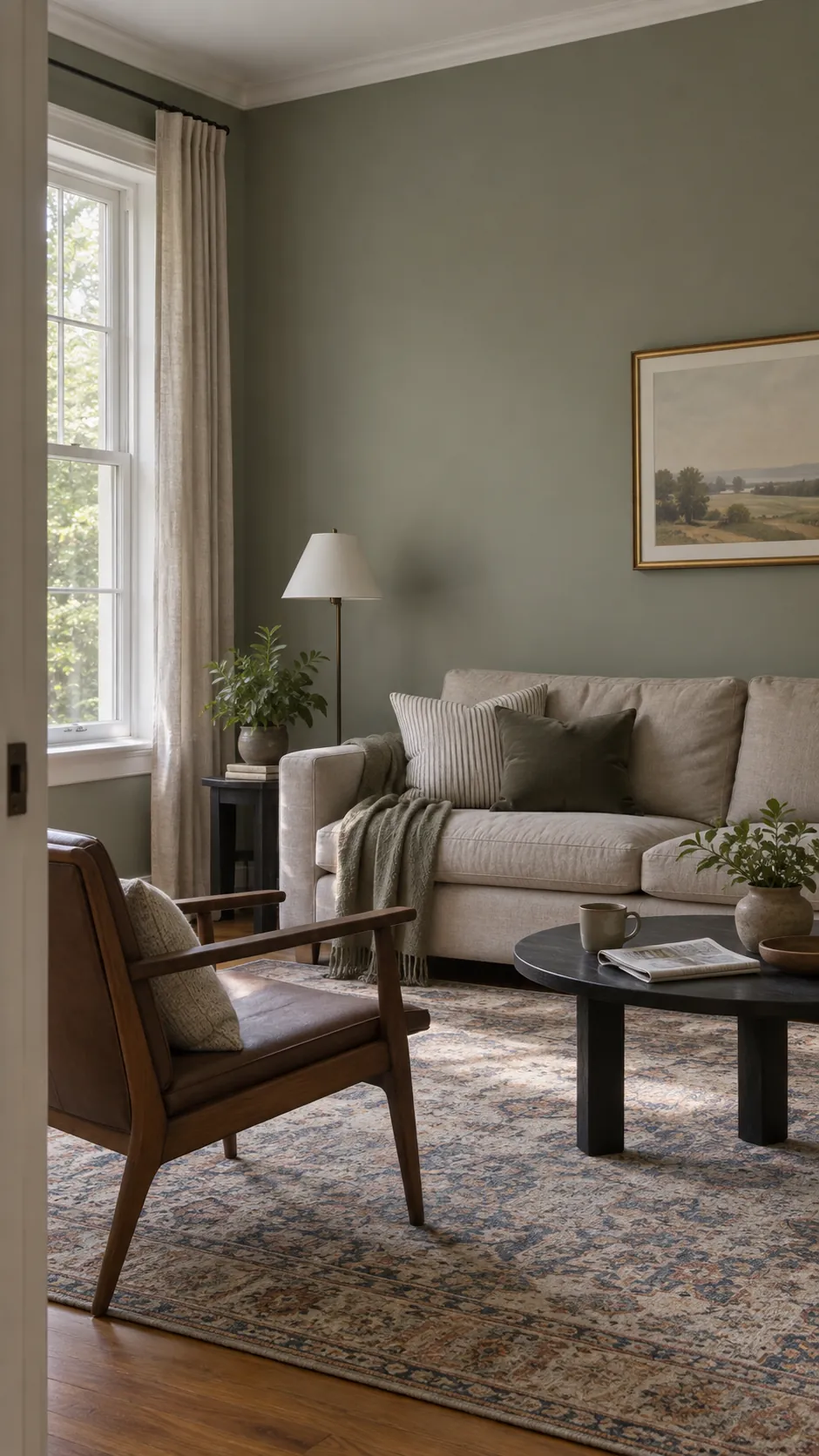 Living room with a muted wall colour and natural furniture