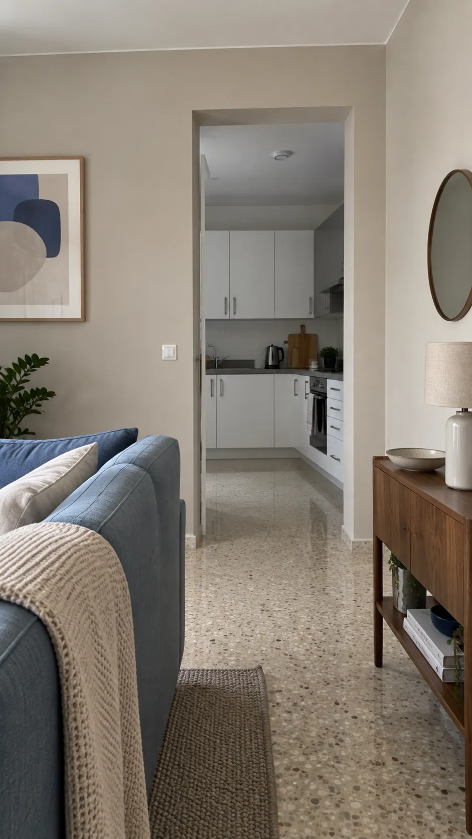 Pale Greige Across an Open Living Area in a living room