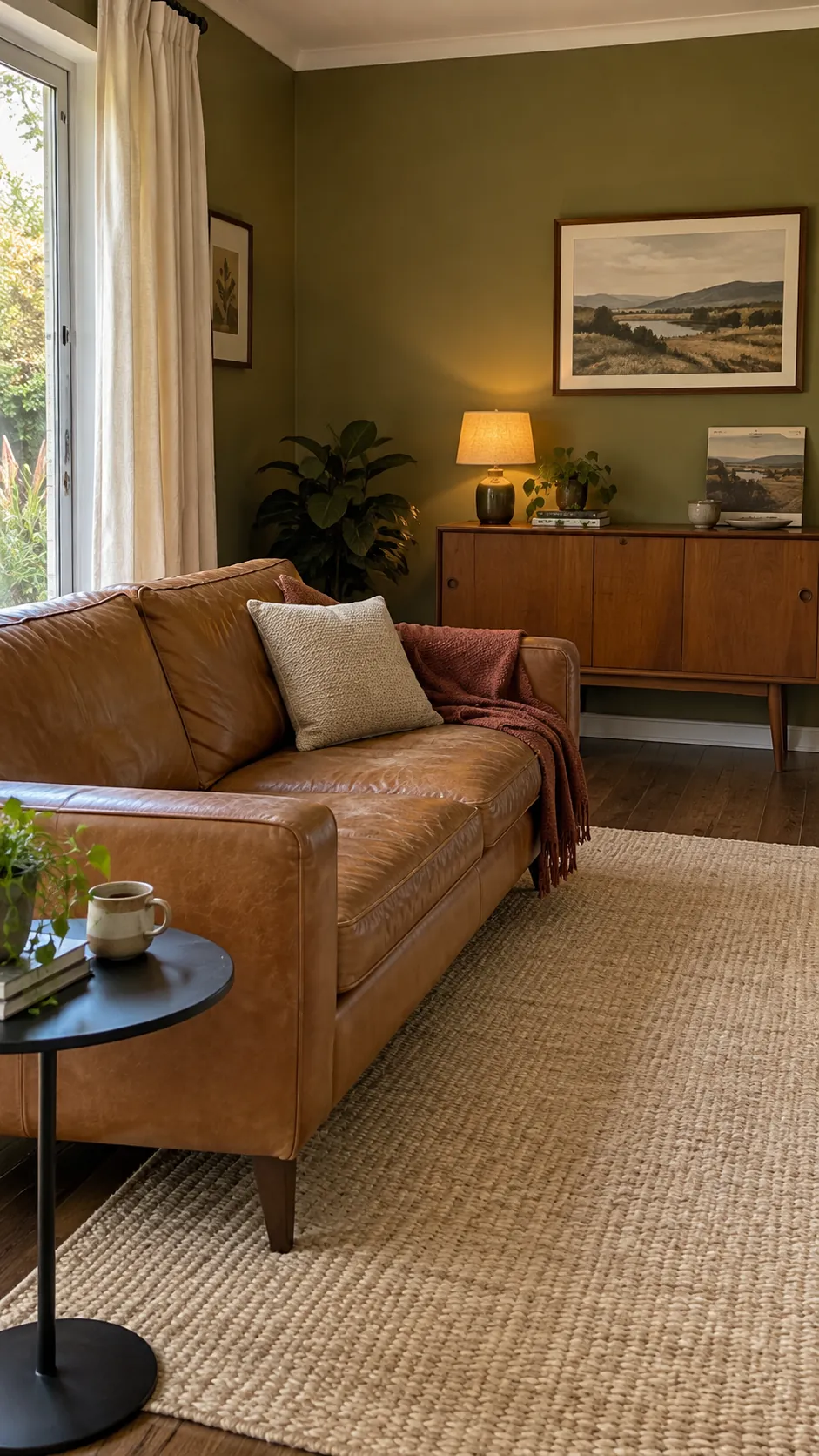Olive Green Around a Leather Sofa in a living room