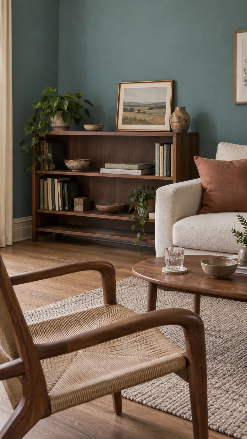 Dusty Teal with Walnut Furniture in a living room