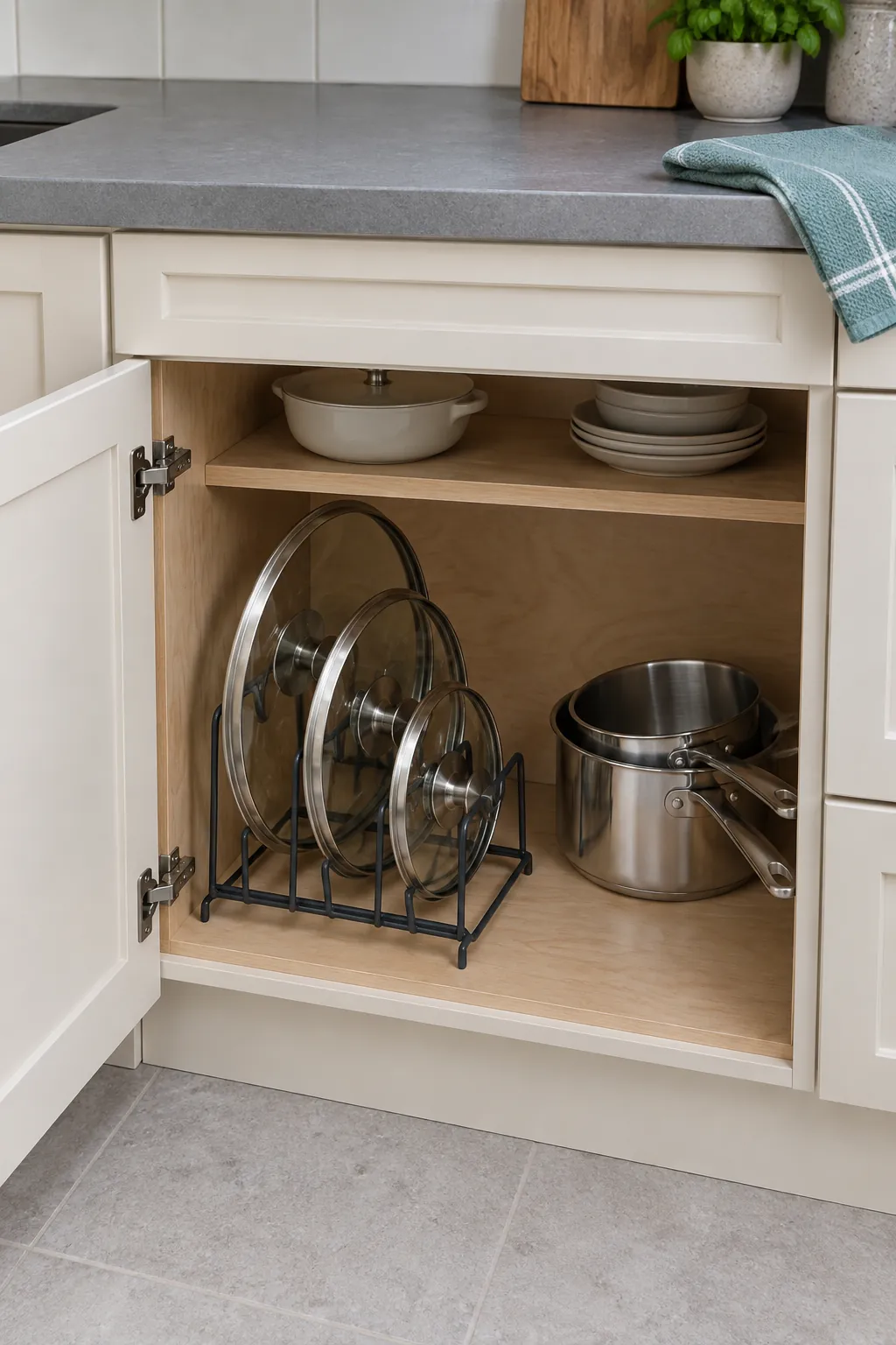 Open kitchen cabinet with pot lids in a vertical organizer beside nested pans