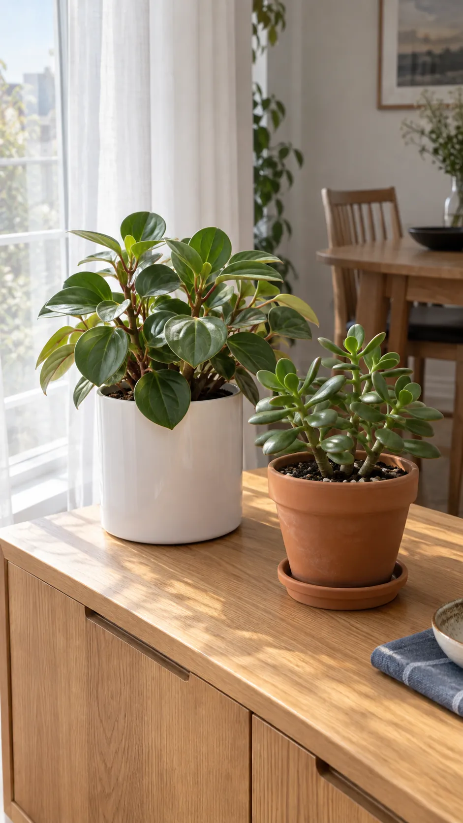 White ceramic planter and terracotta jade pot on an apartment sideboard