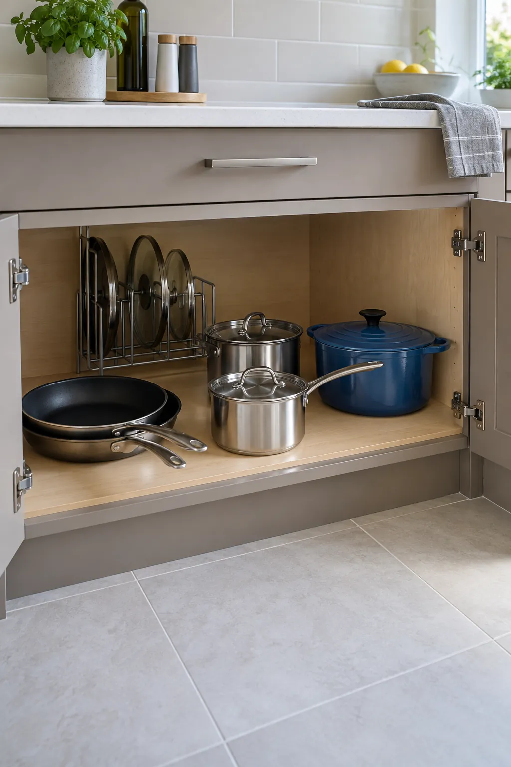 Organized base cabinet with accessible saucepans, frying pans and a blue cooking pot