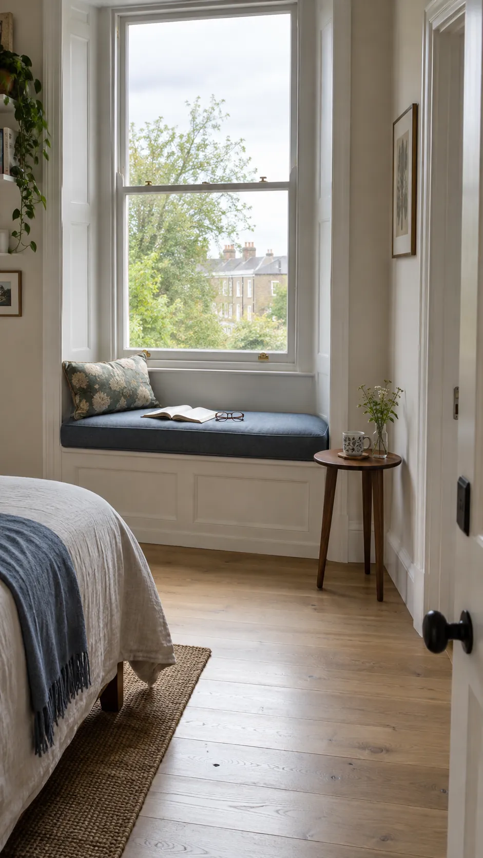Blue cushioned window nook with a reading table in a small bedroom