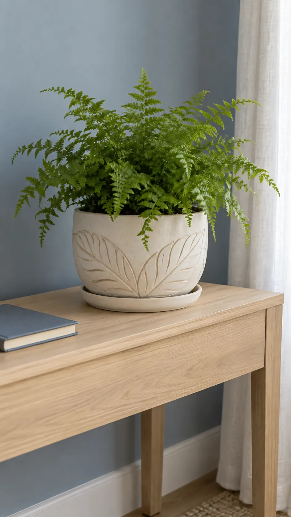 Handmade carved pottery planter with fern and separate saucer