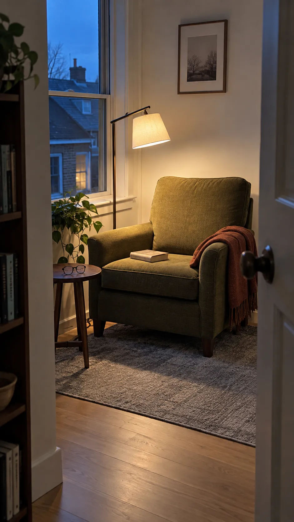Comfortable reading chair with a focused lamp and book in a quiet home corner
