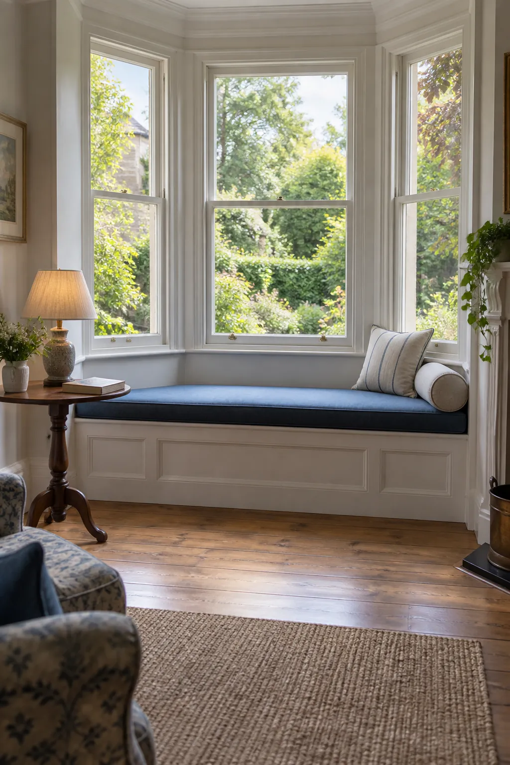 Comfortable blue bay window seat with a supportive end bolster and book table