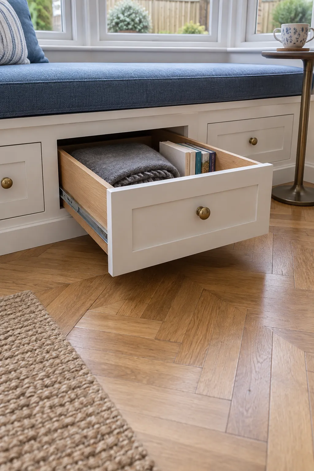 Give storage enough room to open in a practical bay window nook