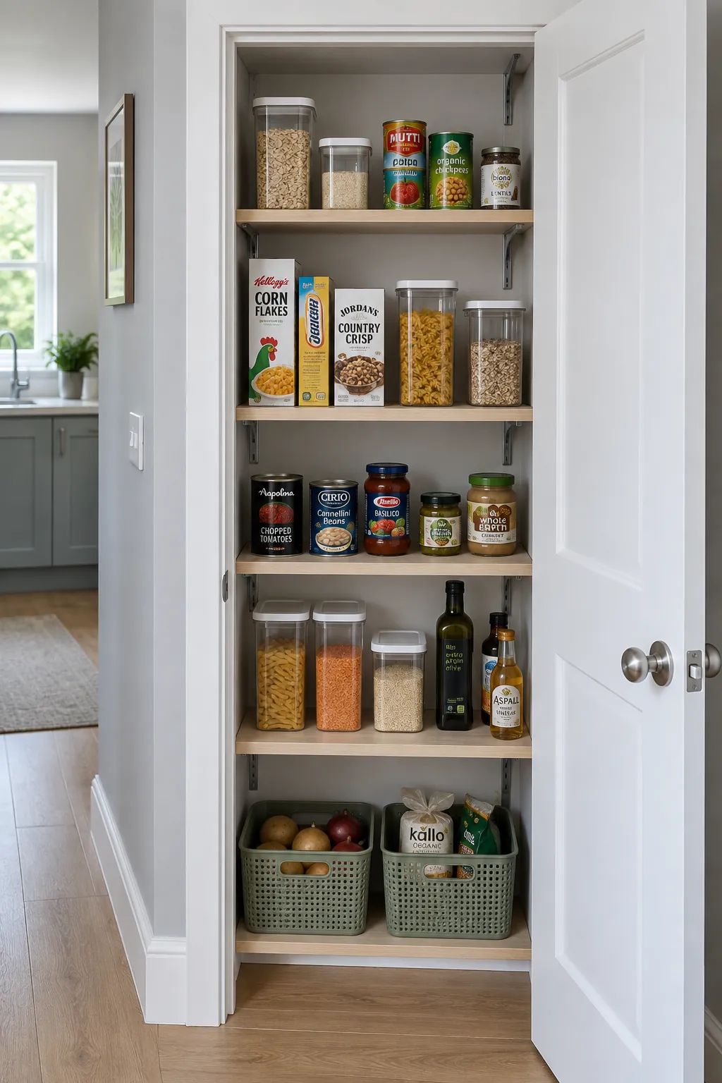 Small closet converted into a pantry with adjustable shelves and everyday groceries